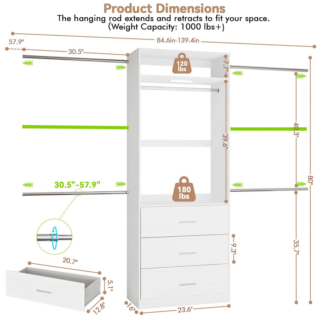 Wooden 11FT Closet Organizer with 3 Drawers and 4 Hanging Rods White Z9653