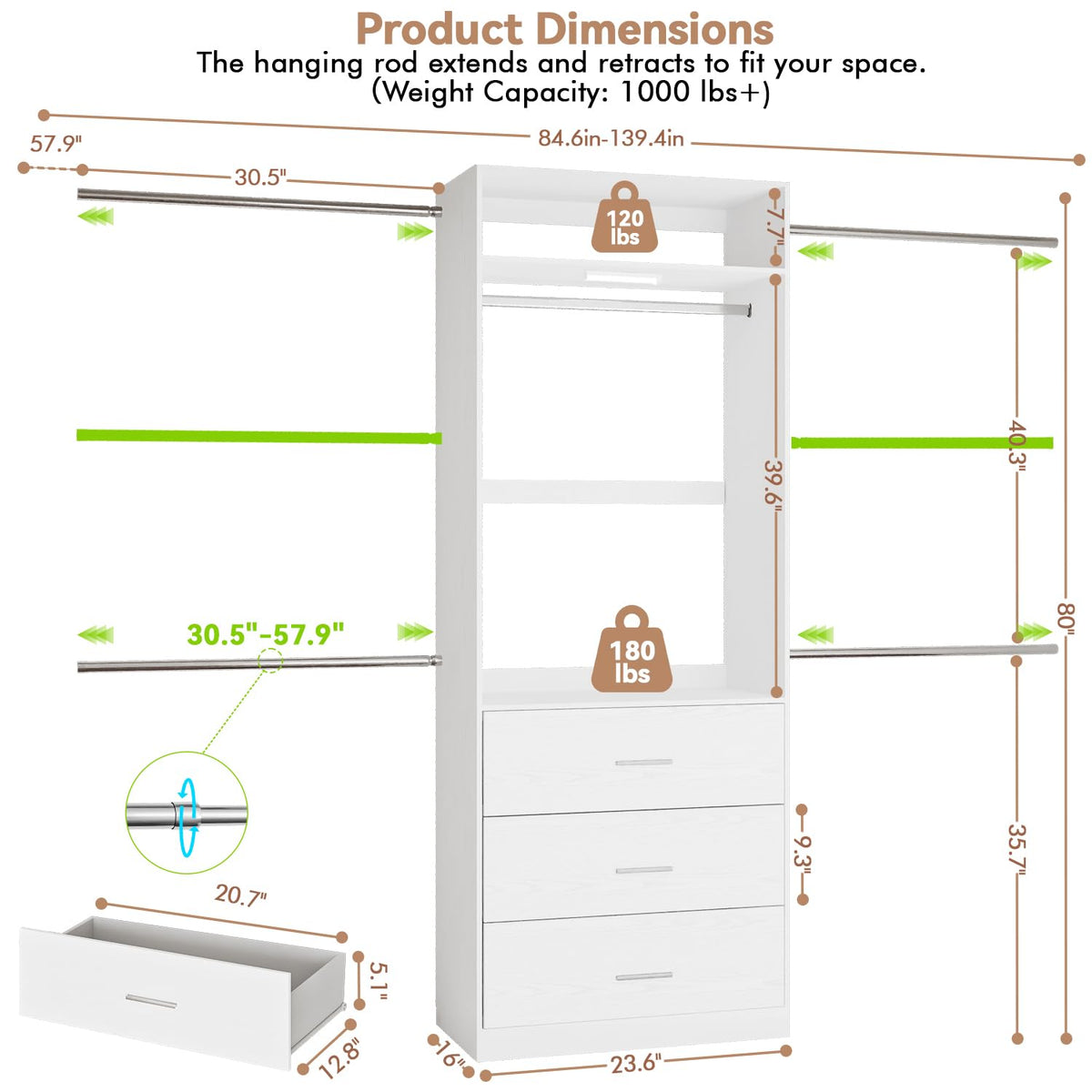 Wooden 11FT Closet Organizer with 3 Drawers and 4 Hanging Rods White Z9653