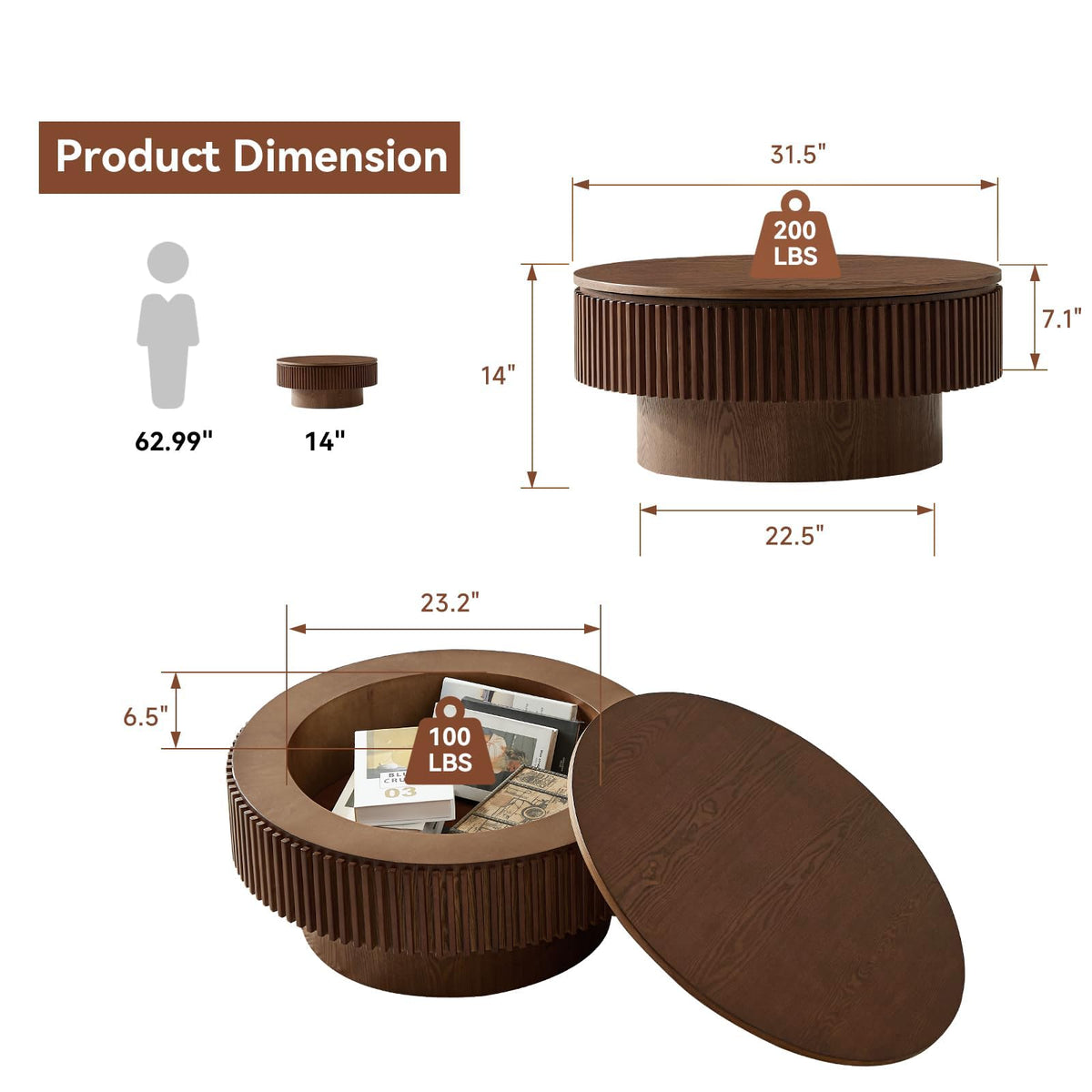 Walnut Round Fluted Coffee Table with Storage G37663