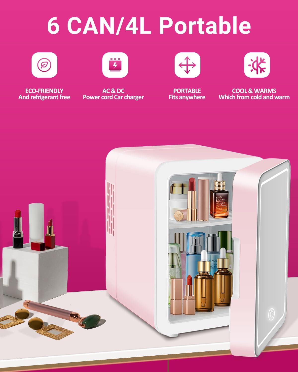 4-Liter Pink Portable Mini Fridge with Mirrored Door Y671