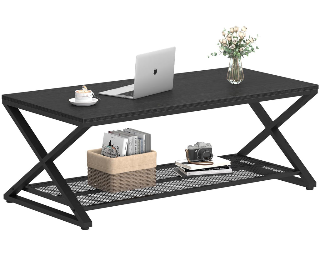 Black 2 Tier Wood Coffee Table with Storage F389865
