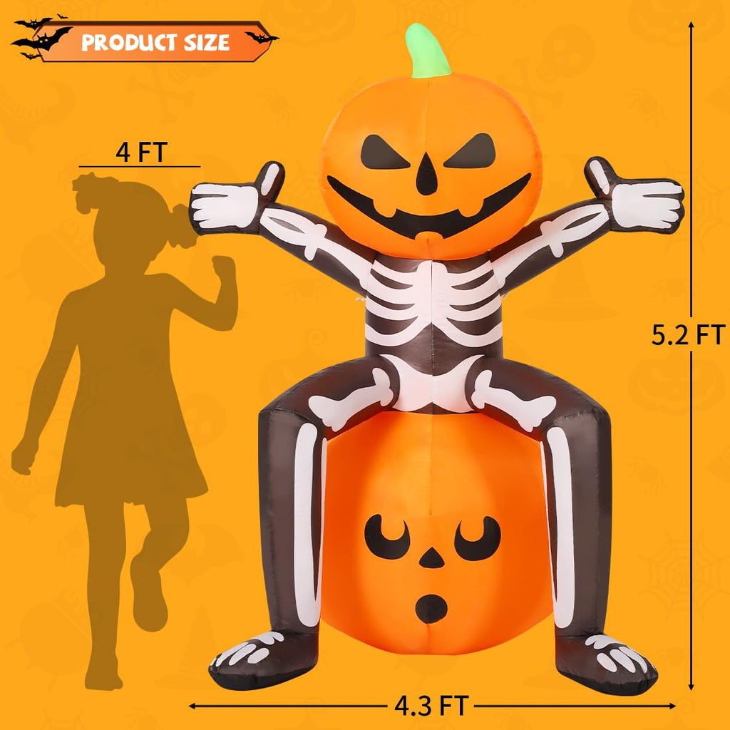 5FT Skull Skeleton Pumpkin Head Inflatable with Built-in LEDs I6980