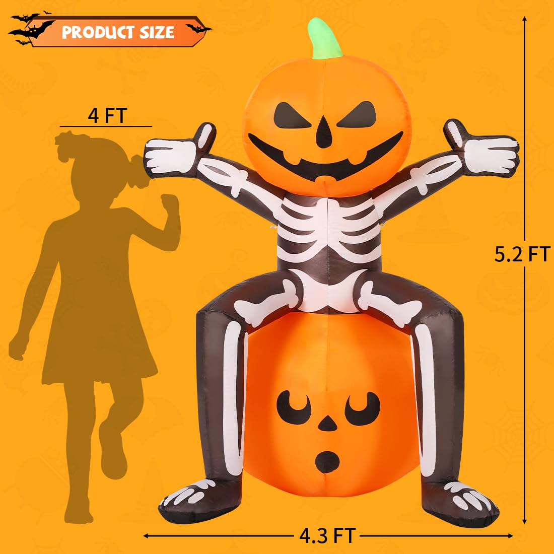 5FT Skull Skeleton Pumpkin Head Inflatable with Built-in LEDs I6980