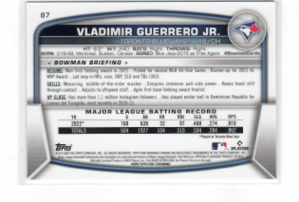 2023 Bowman Chrome Mega Box Mojo Refractor Aqua #87 Vladimir Guerrero Jr. /225 Toronto Blue Jays Baseball NM-MT H359624