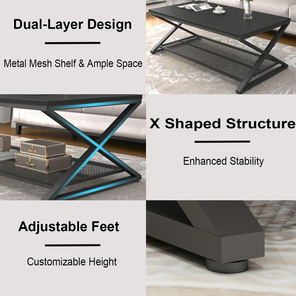 Black 2 Tier Wood Coffee Table with Storage F389865