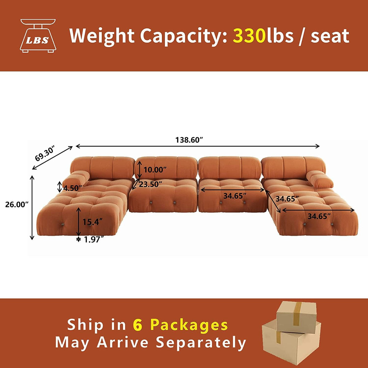 Orange Velvet U-Shaped Sectional Sofa with Chaise I810477