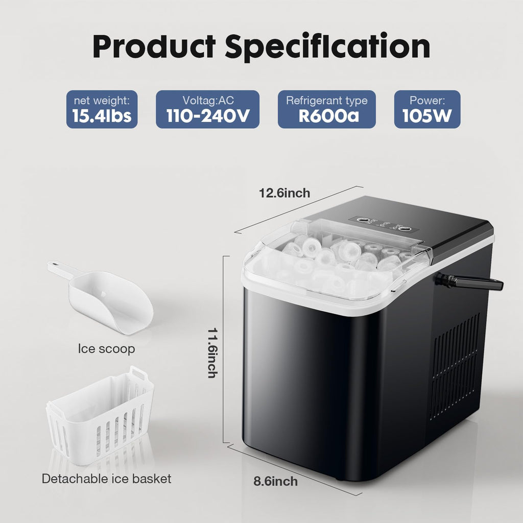 Portable Countertop Ice Maker with Scoop and Basket, 26.5lbs, Coal Black G76610