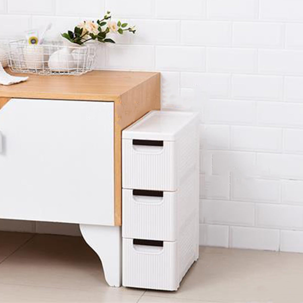 3 Drawers Narrow Plastic Storage Cabinet on Wheels D8909