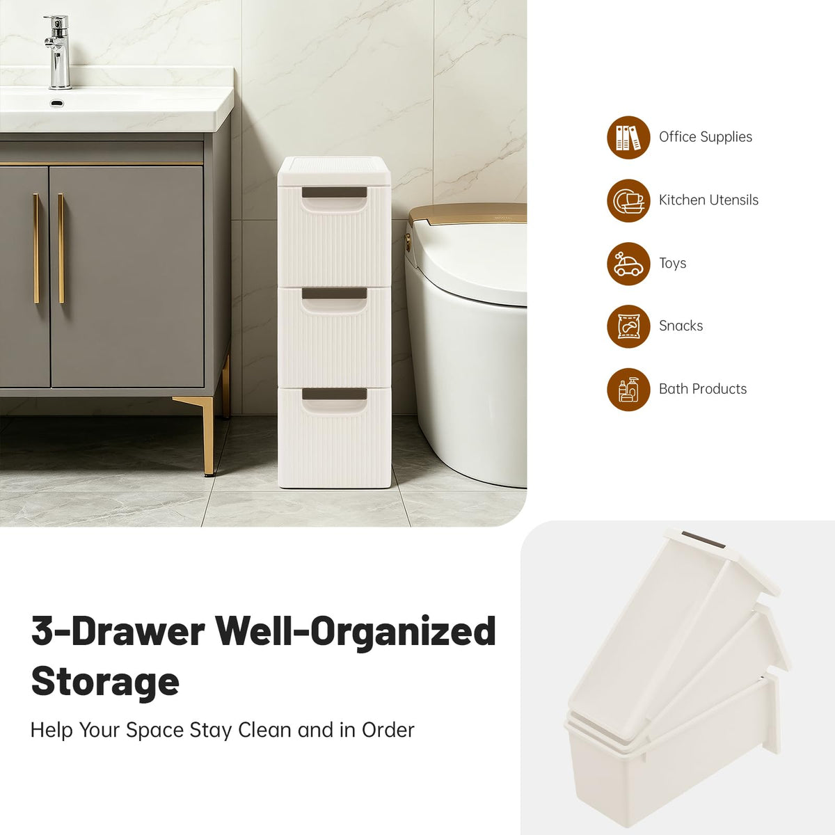 3 Drawers Narrow Plastic Storage Cabinet on Wheels D8909