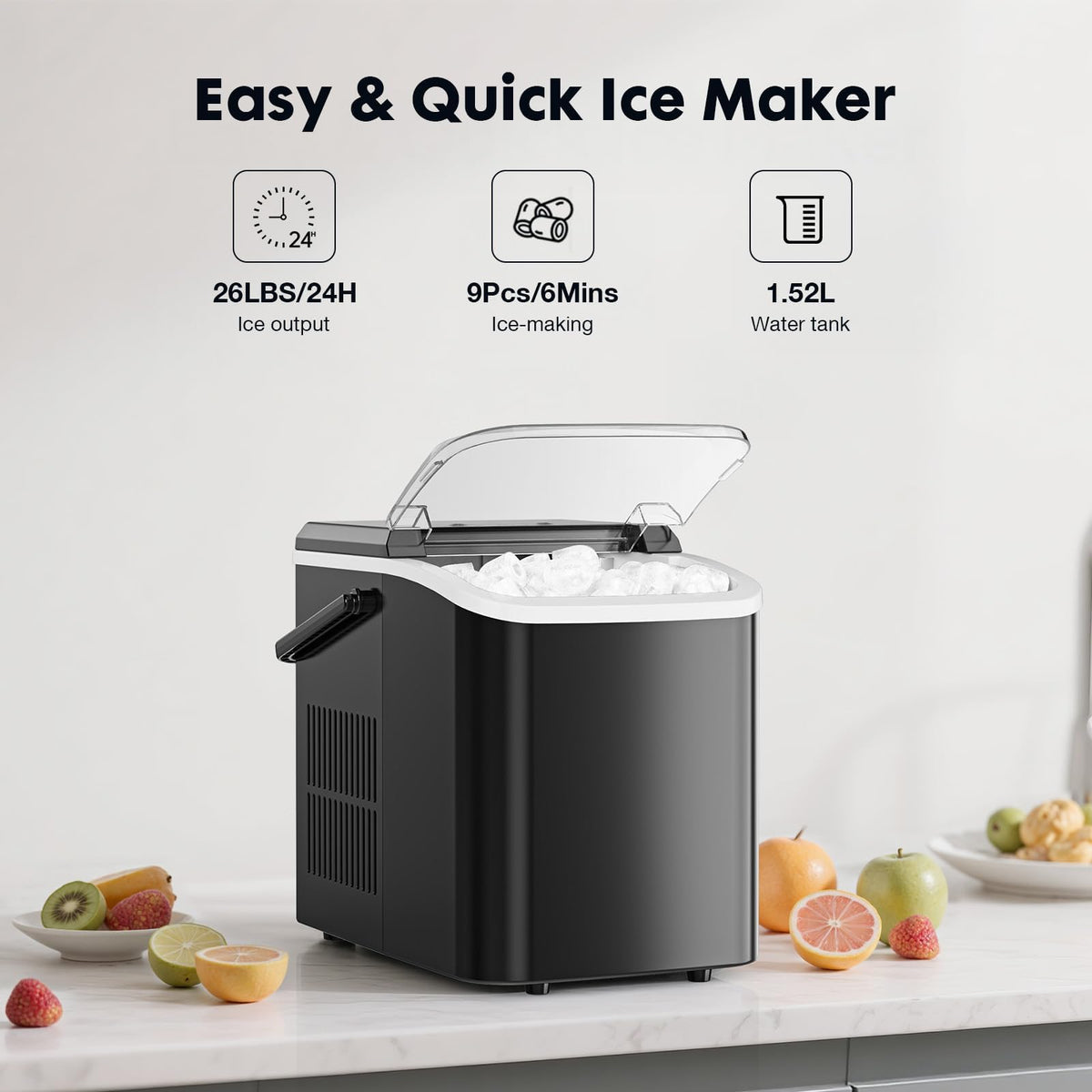 Portable Countertop Ice Maker with Scoop and Basket, 26.5lbs, Coal Black G76610