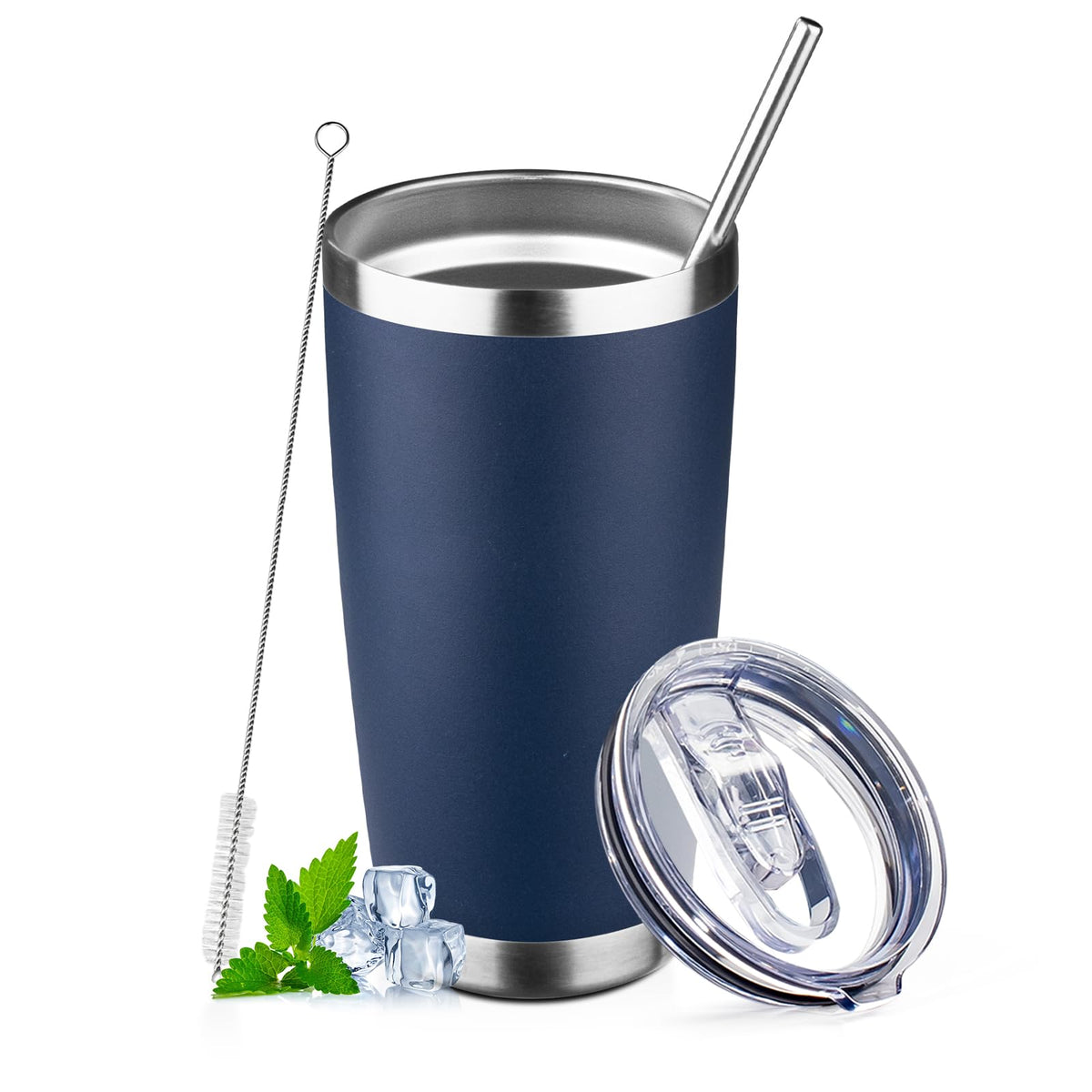 20oz Navy Blue Stainless Steel Insulated Tumbler with Lid and Straw T389465