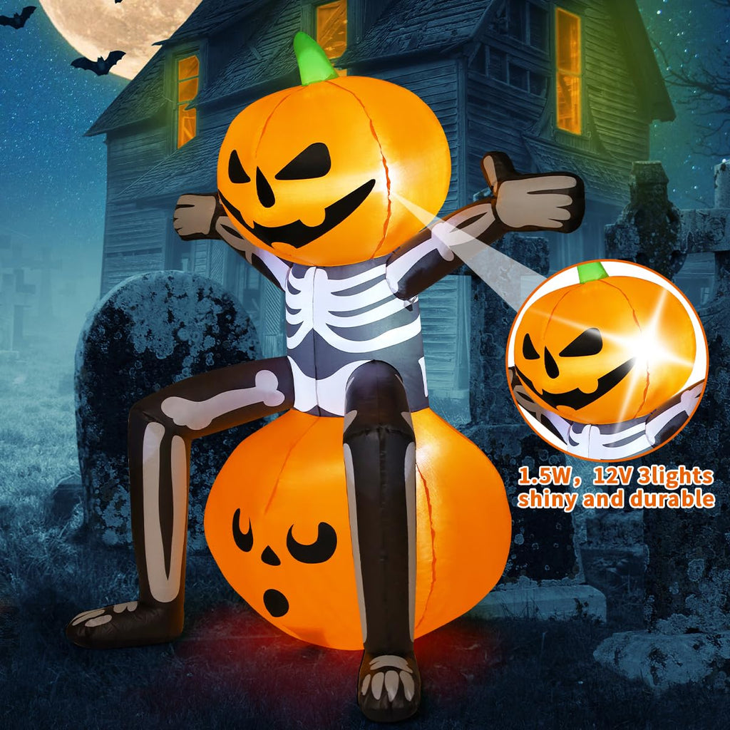5FT Skull Skeleton Pumpkin Head Inflatable with Built-in LEDs I6980