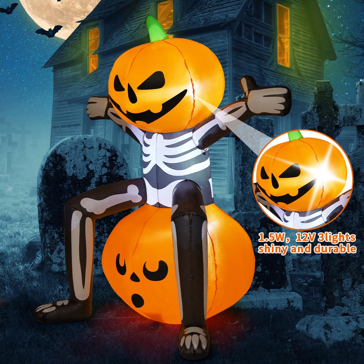 5FT Skull Skeleton Pumpkin Head Inflatable with Built-in LEDs I6980