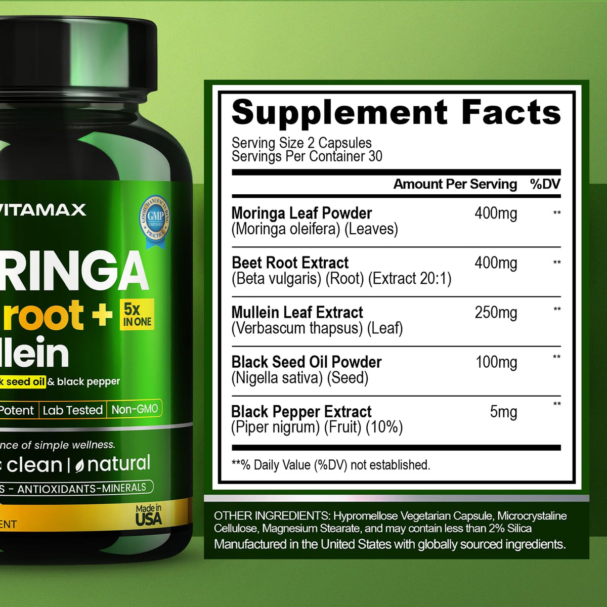 Moringa Beet Root Mullein Leaf Capsules D5625