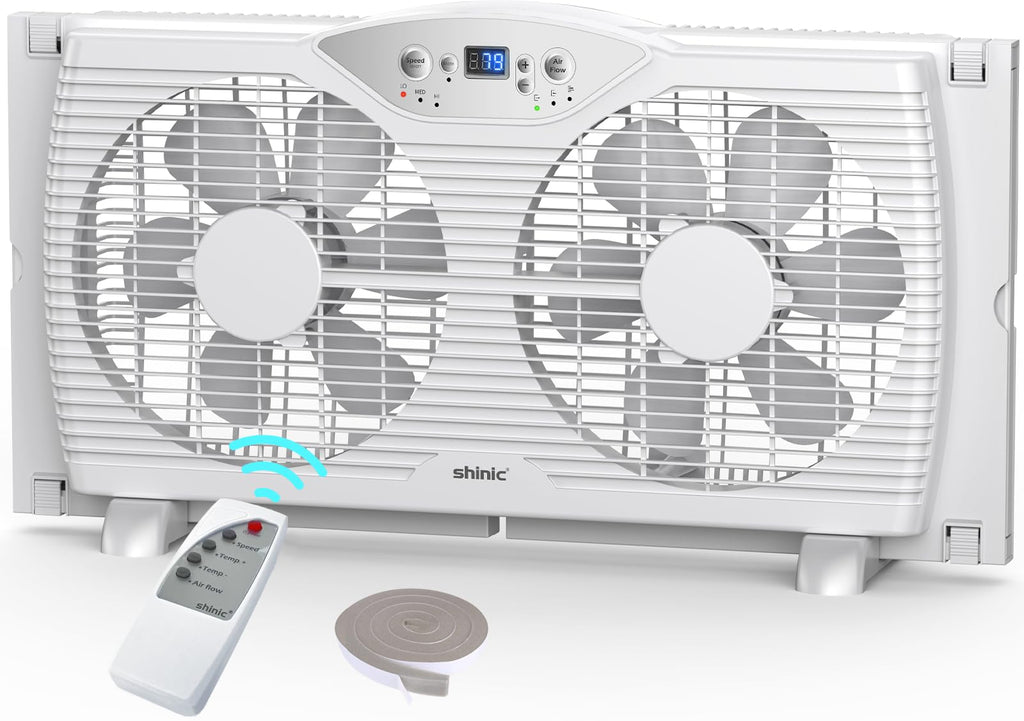 Twin Window Fan with 9-Inch Blades, 3 Speeds, Thermostat Control U9389
