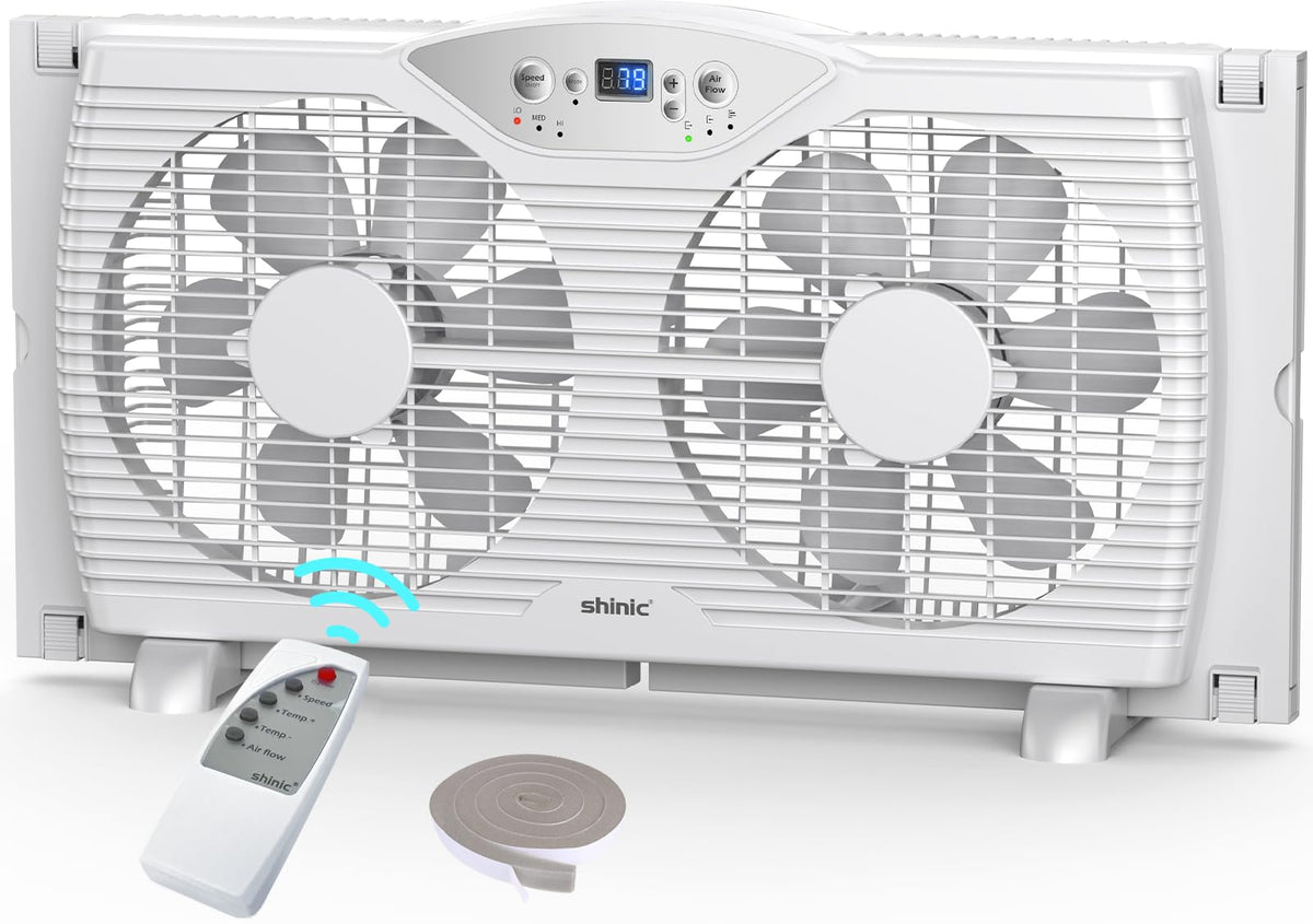 Twin Window Fan with 9-Inch Blades, 3 Speeds, Thermostat Control U9389