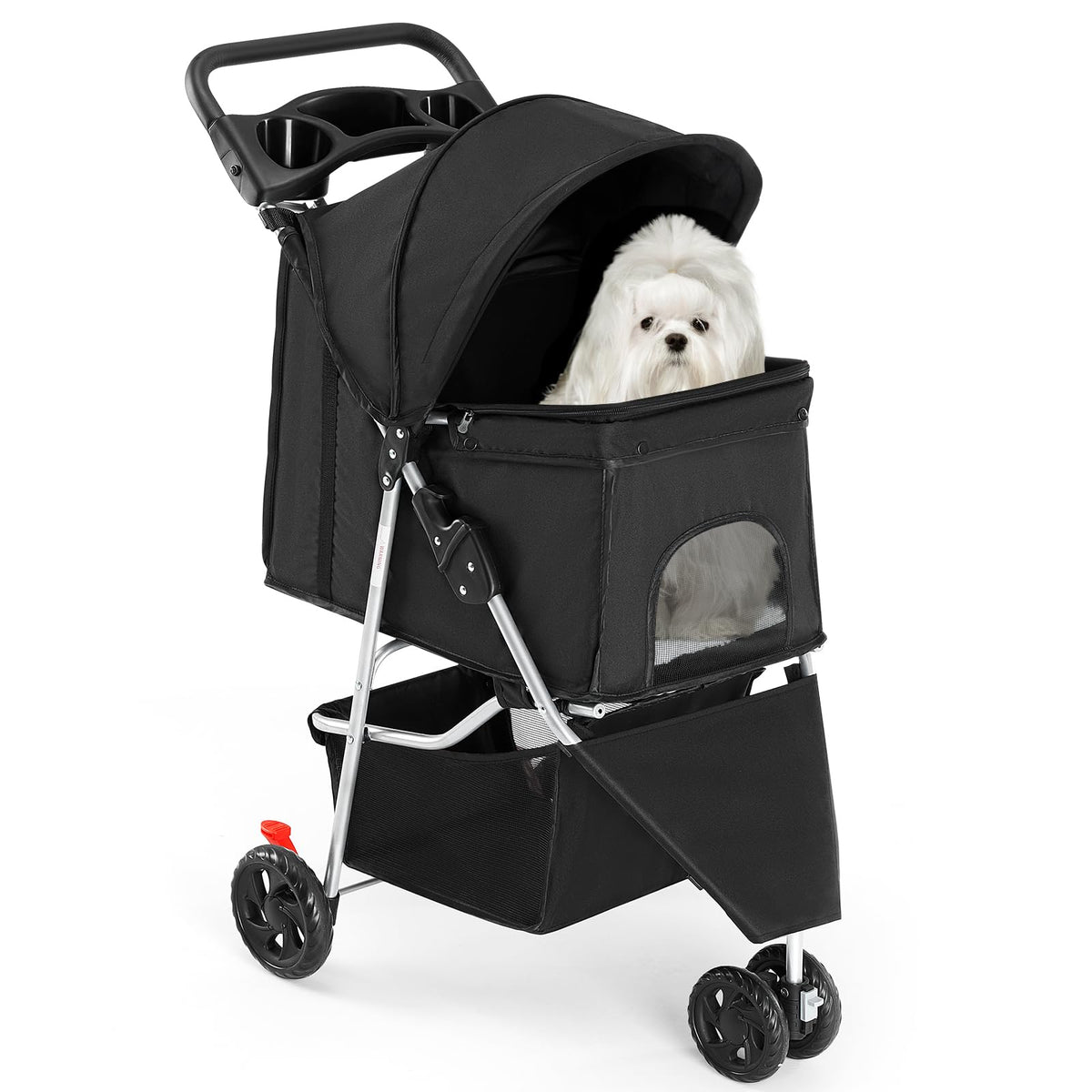 3 Wheels Pet Stroller with Storage Basket and Cup Holder, Black O89988