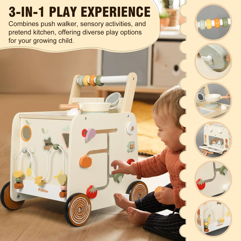 Wooden Baby Push Walker with Pretend Kitchen B865