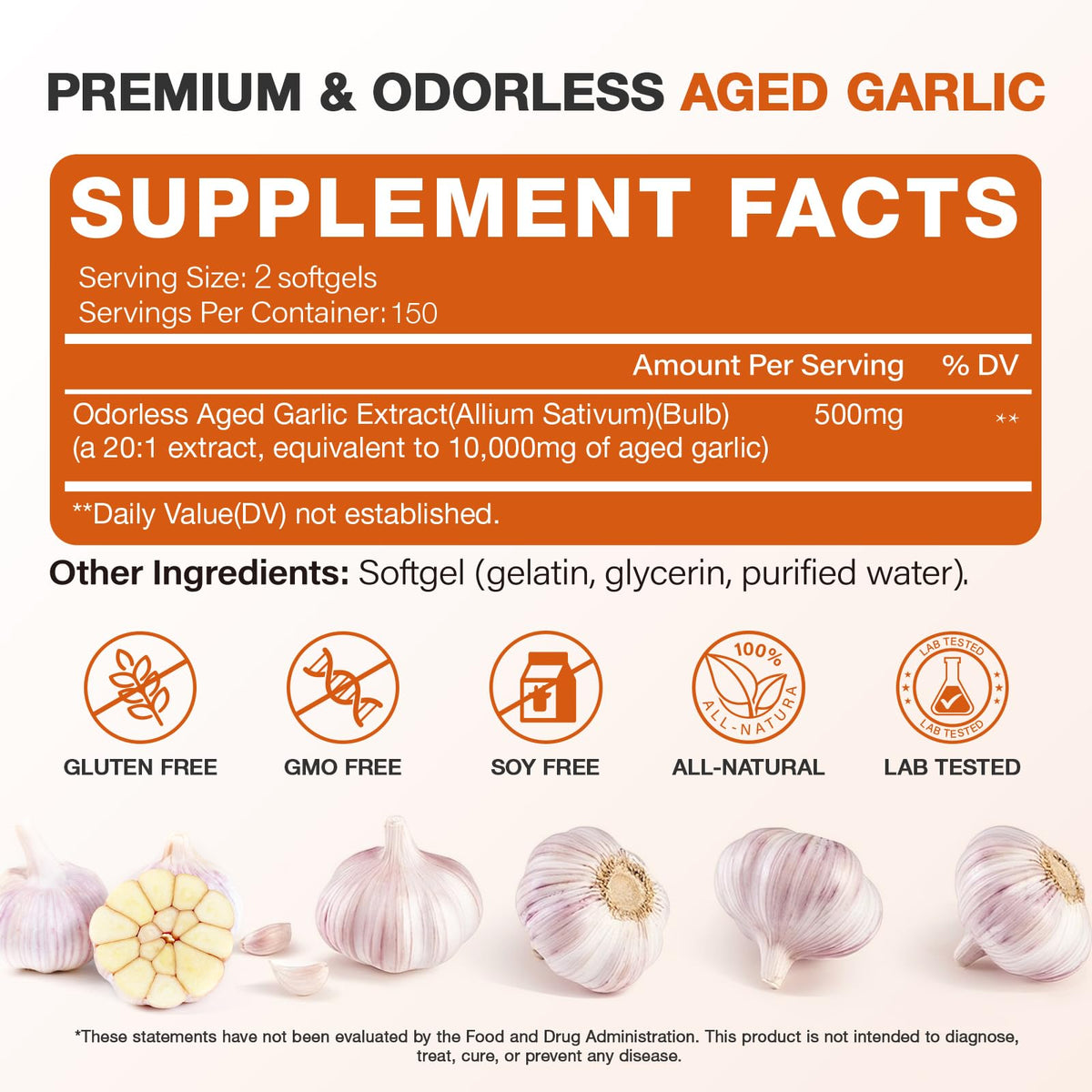 Odorless Garlic Capsules 10,000mg 300 Softgels V86942