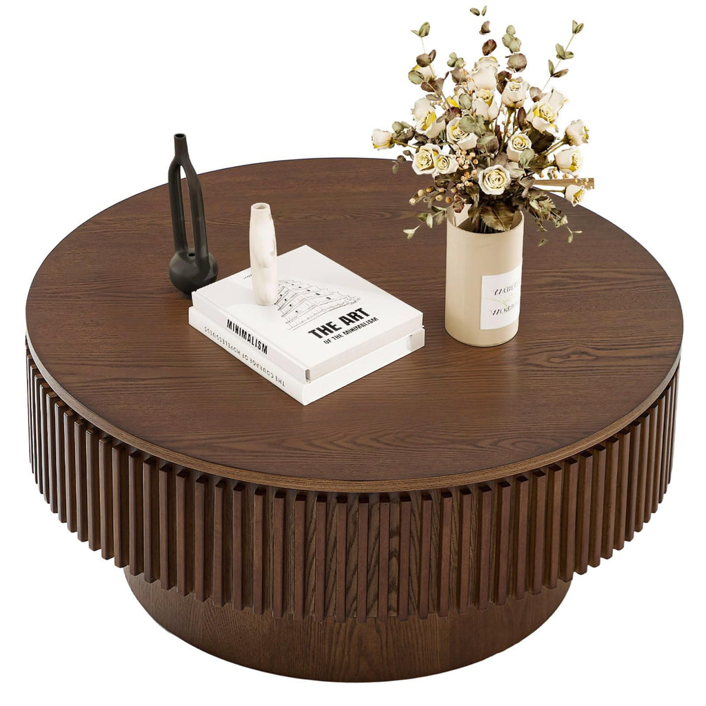Walnut Round Fluted Coffee Table with Storage G37663