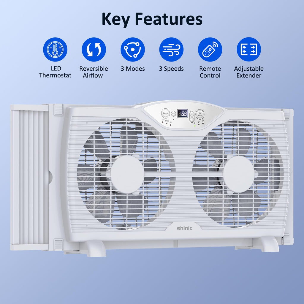 Twin Window Fan with 9-Inch Blades, 3 Speeds, Thermostat Control U9389