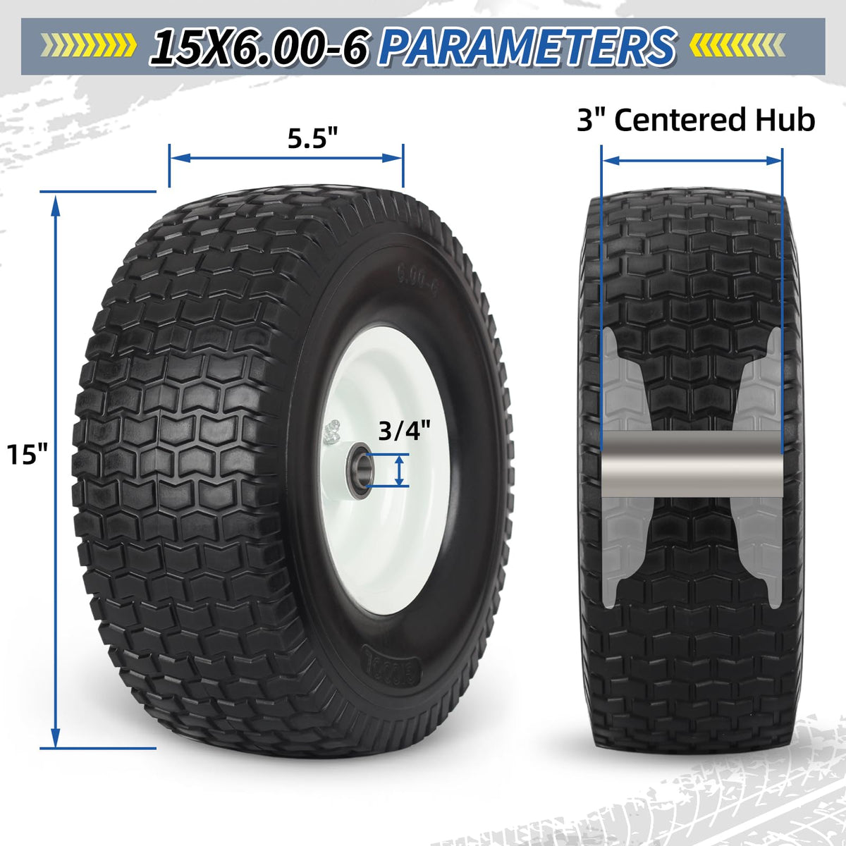 15x6.00-6 Flat Free Lawn Mower Tire and Wheel, 2 Pack N5140