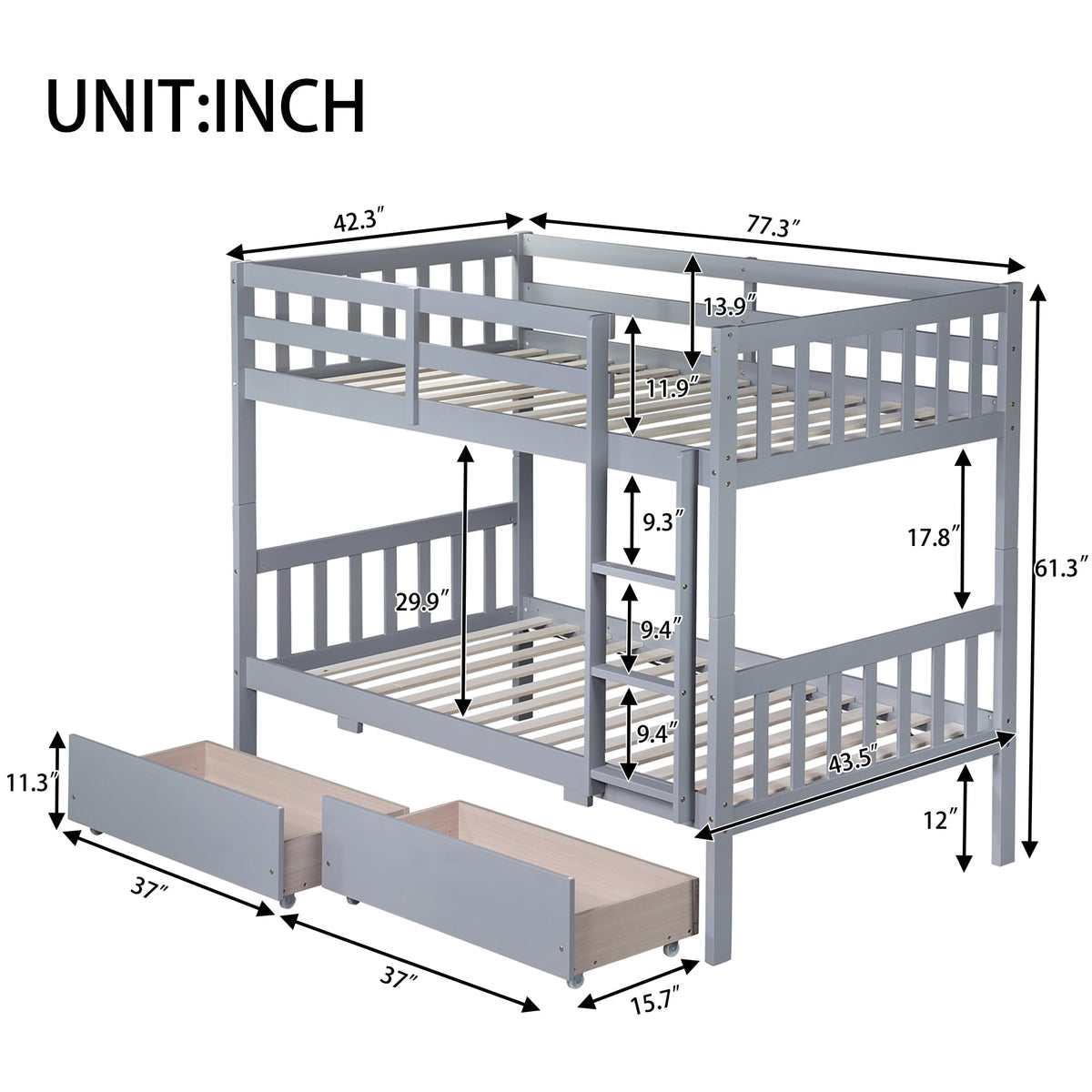 Twin Over Twin Bunk Bed with Storage Drawers Grey N407