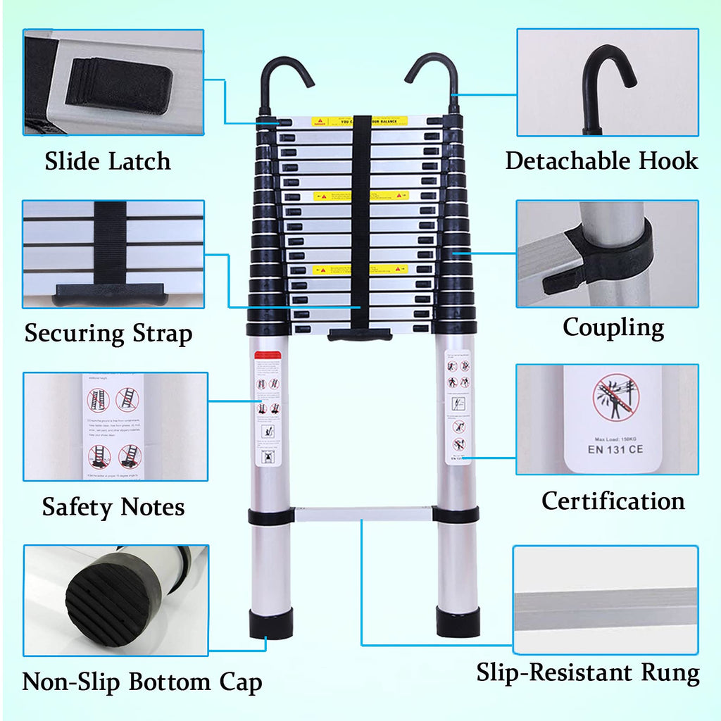 20.5FT Aluminum Telescoping Ladder with 2 Detachable Hooks E7158
