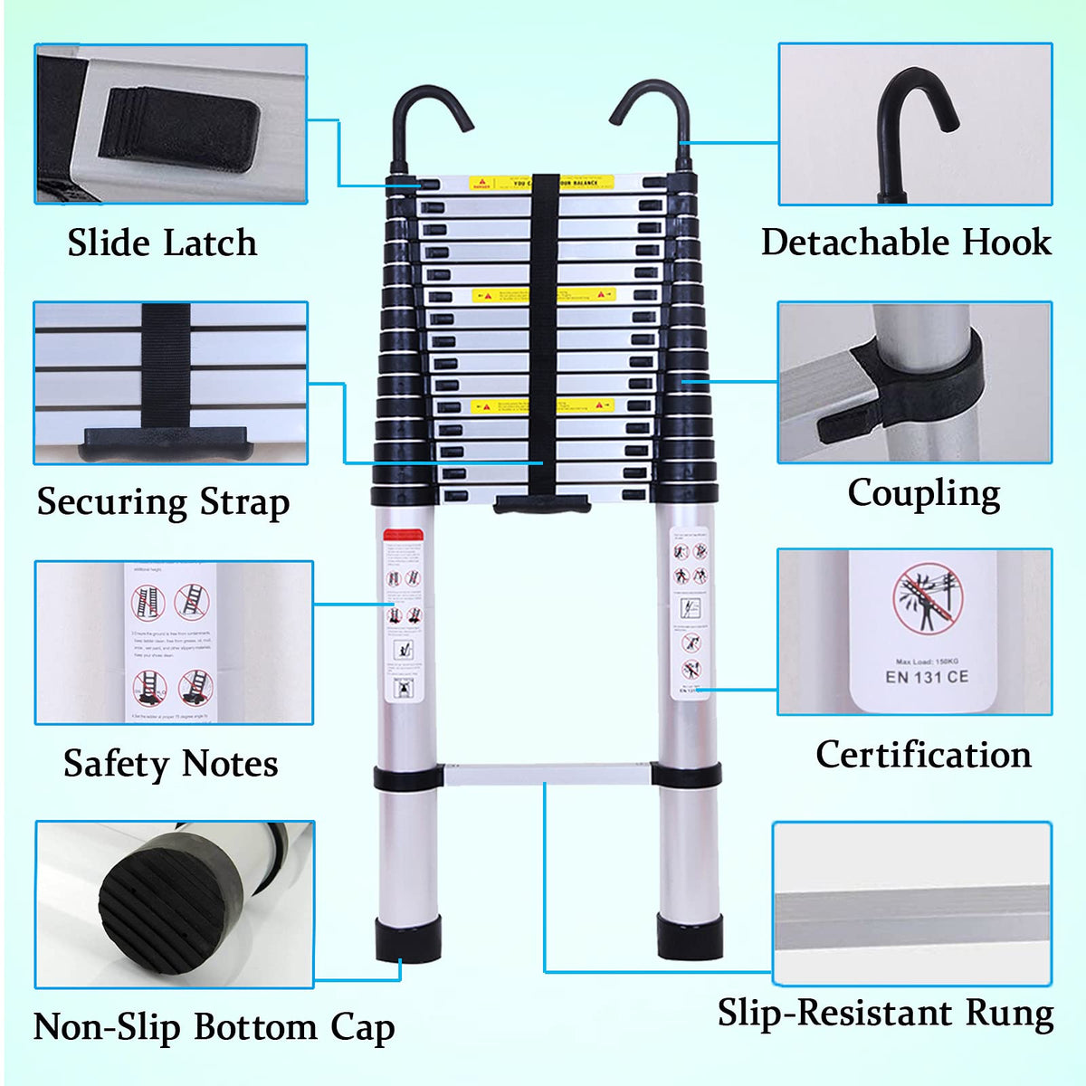 20.5FT Aluminum Telescoping Ladder with 2 Detachable Hooks E7158