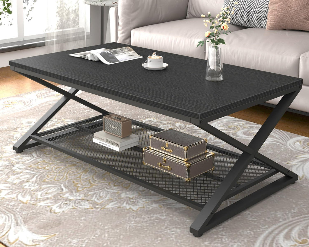 Black 2 Tier Wood Coffee Table with Storage F389865