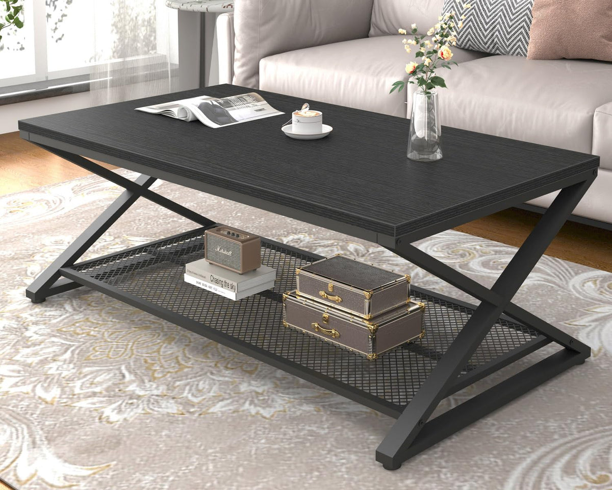 Black 2 Tier Wood Coffee Table with Storage F389865