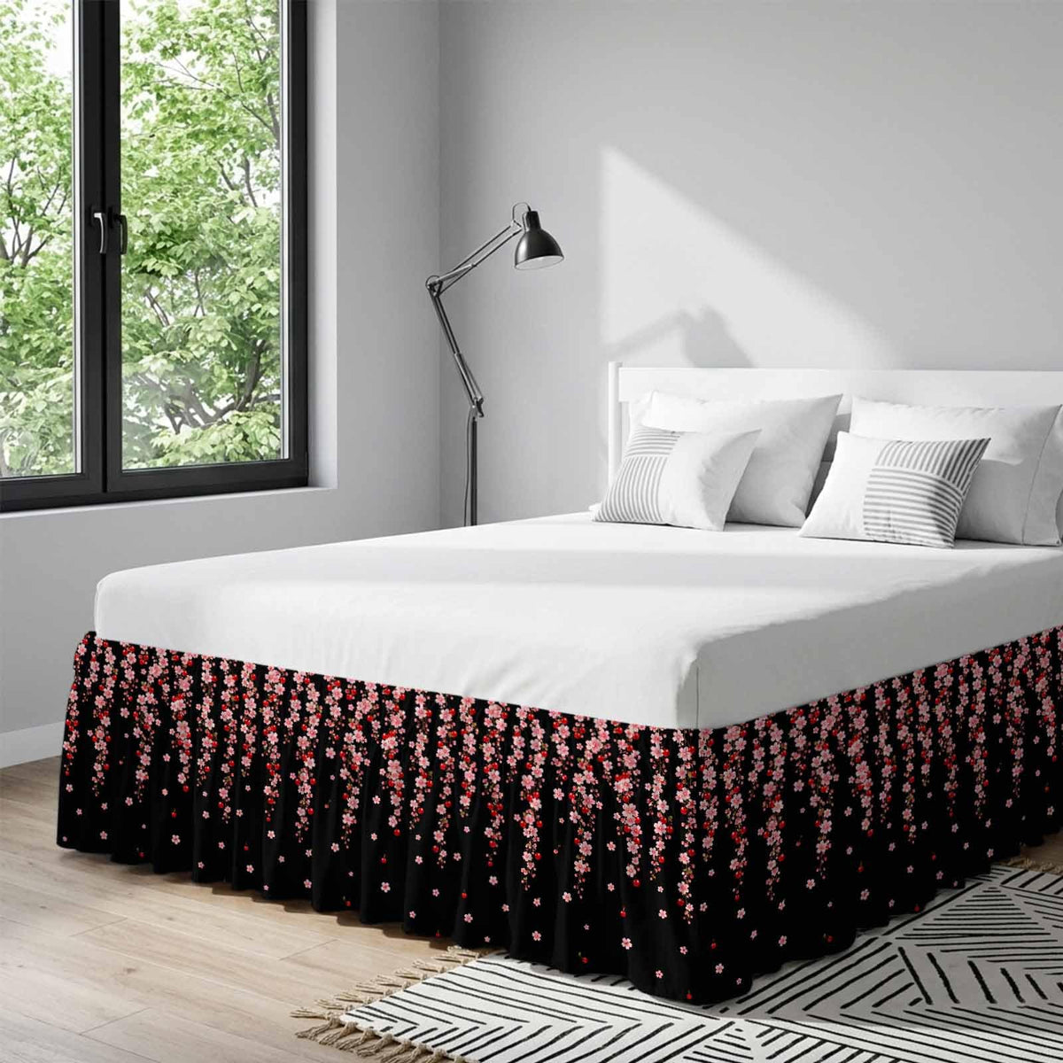 Pink Floral Ruffled Wrap Around Bed Skirt California King 18" Drop C128044