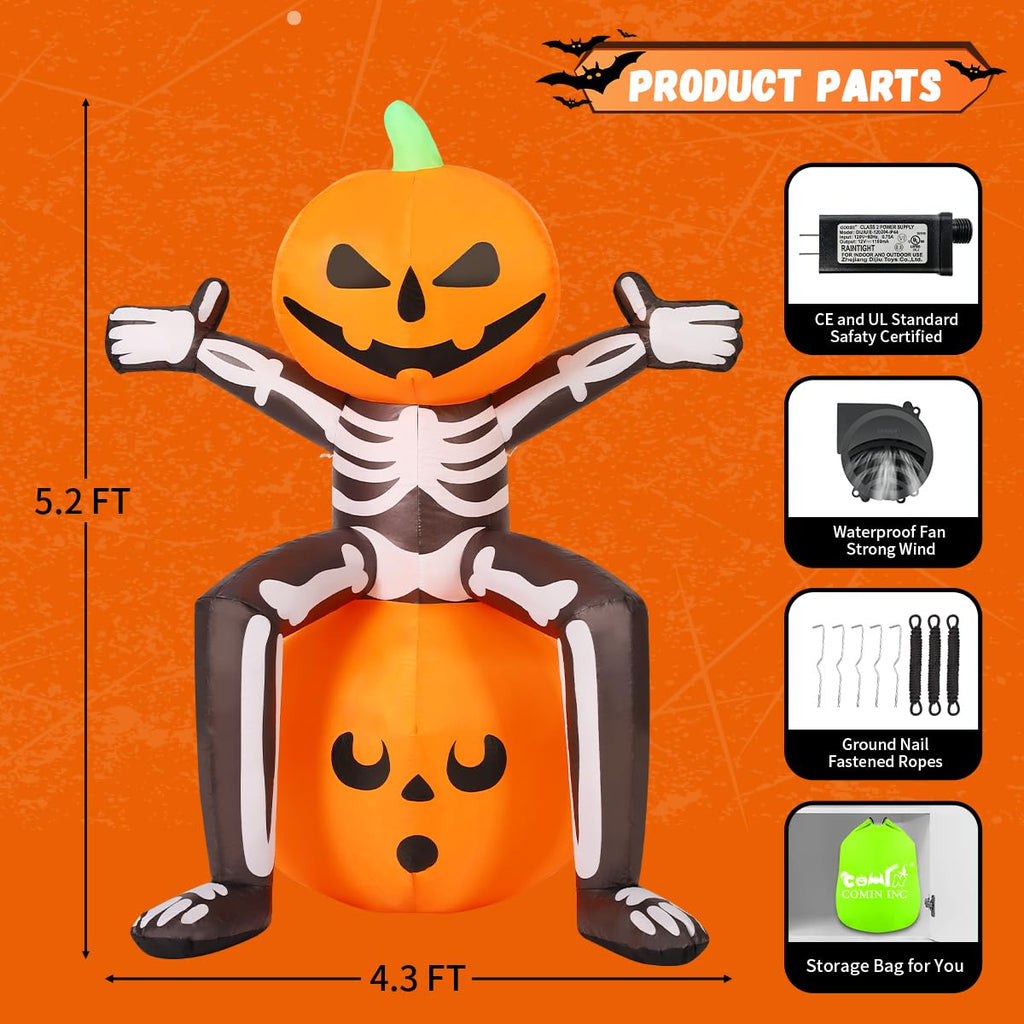 5FT Skull Skeleton Pumpkin Head Inflatable with Built-in LEDs I6980