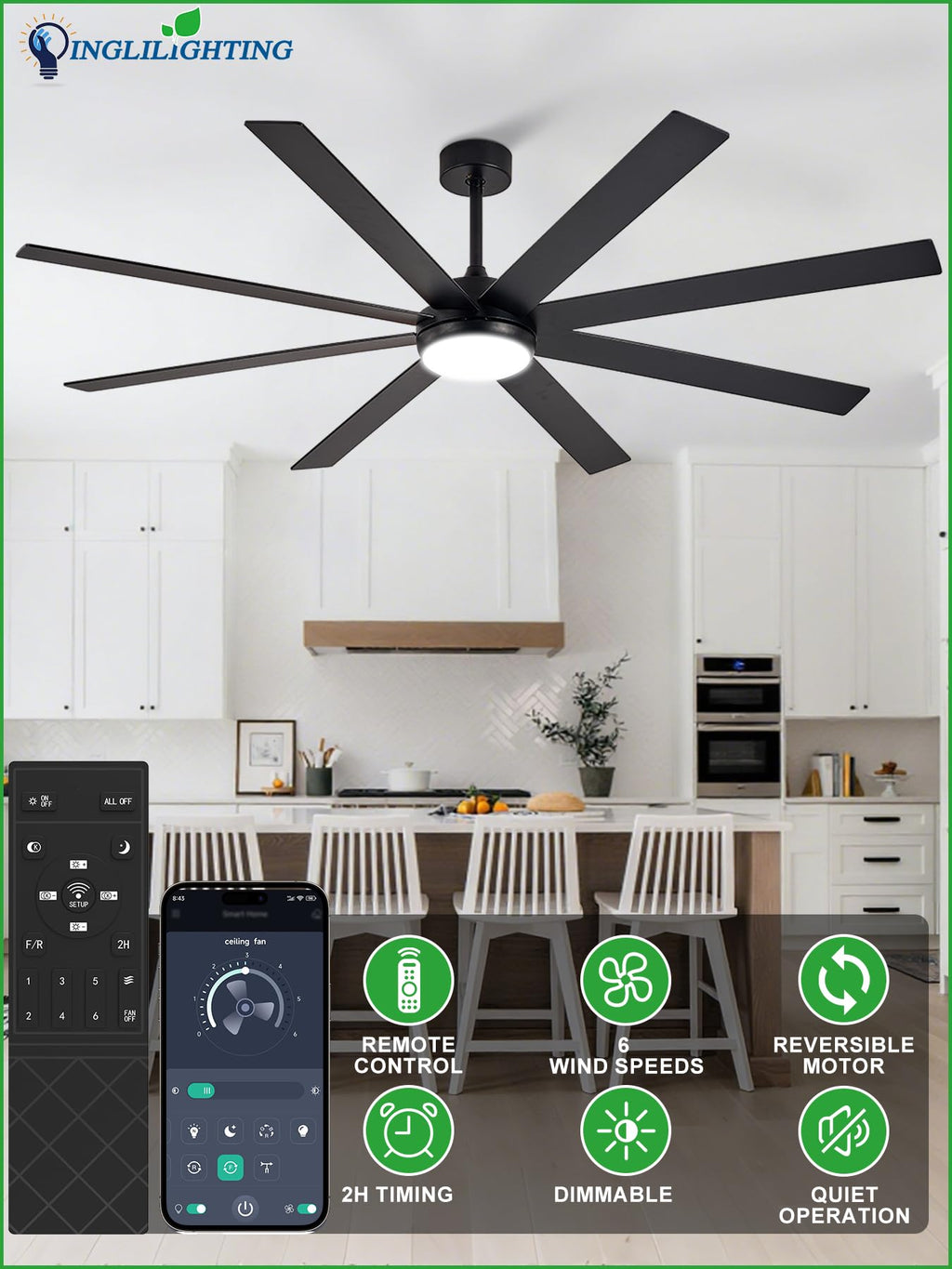 Black 72in Ceiling Fan with Lights J555