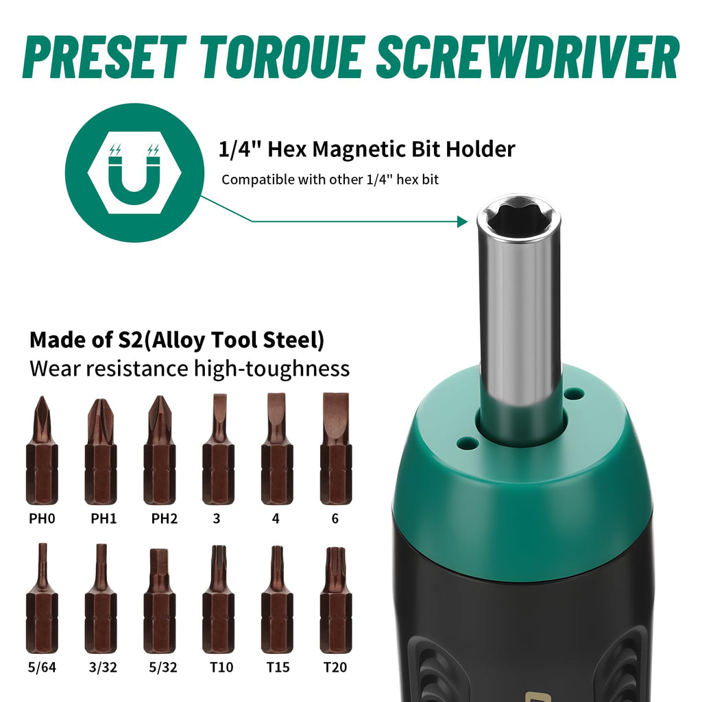Torque Screwdriver 5-70 in-lb 1/4" Drive Precision Driver Set F2831
