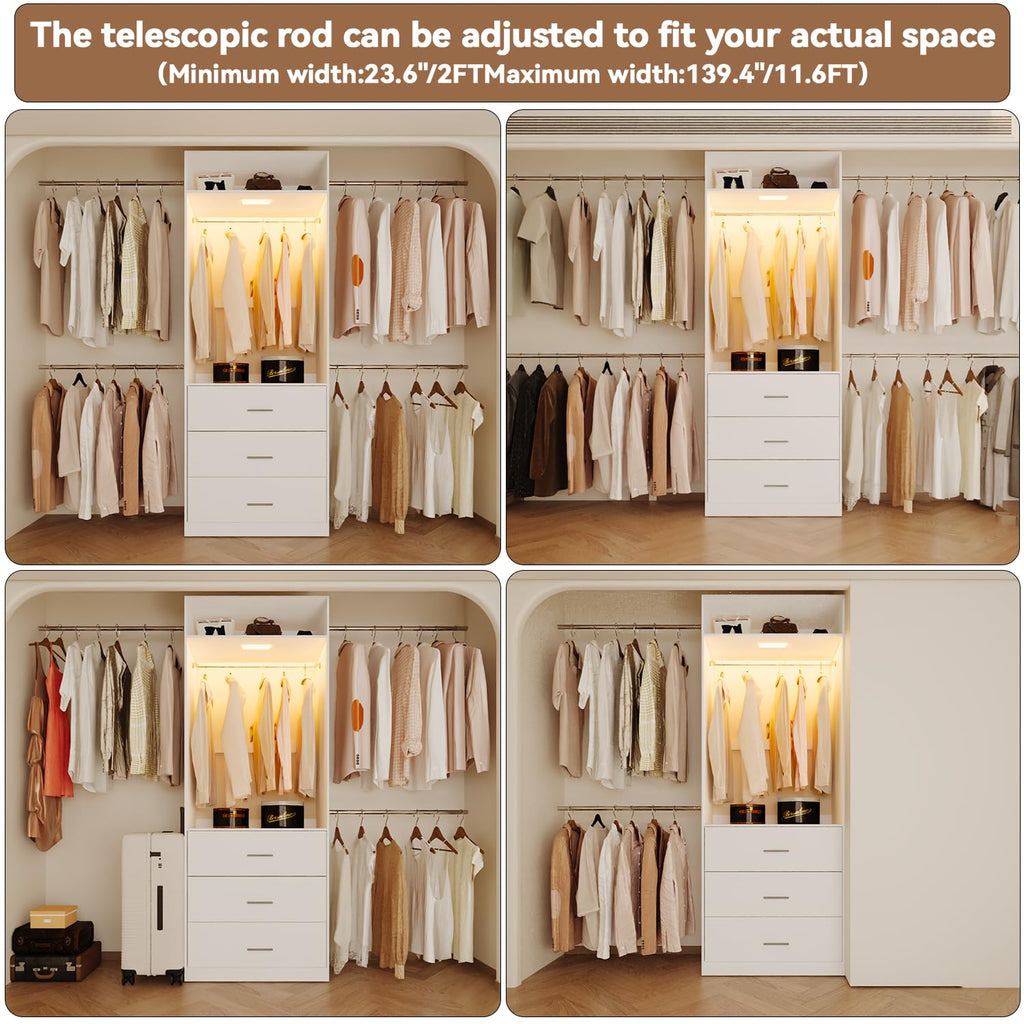 Wooden 11FT Closet Organizer with 3 Drawers and 4 Hanging Rods White Z9653