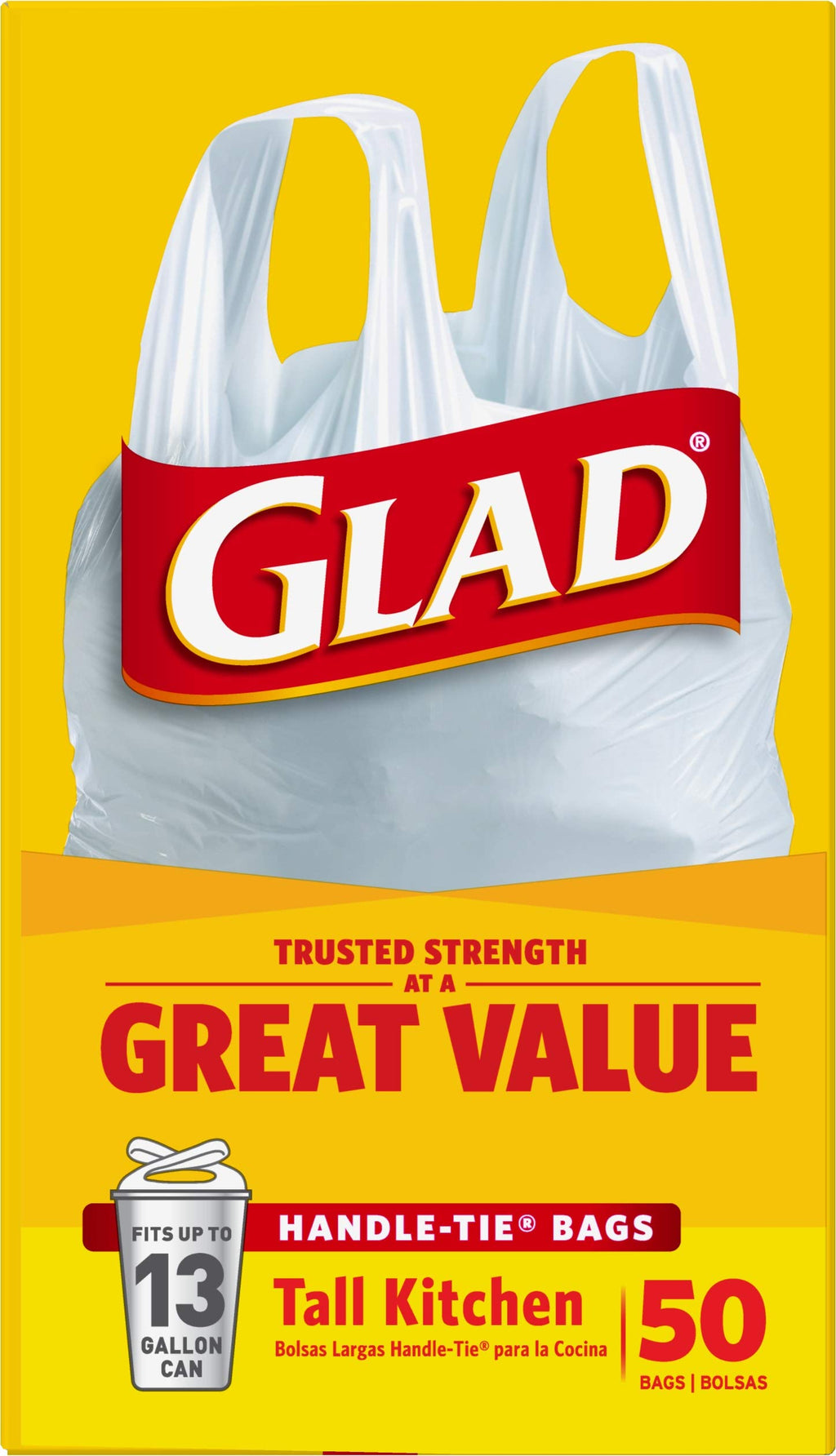 Tall Kitchen Trash Bags 13 Gallon Unscented Handle-Tie 50 Count O1888