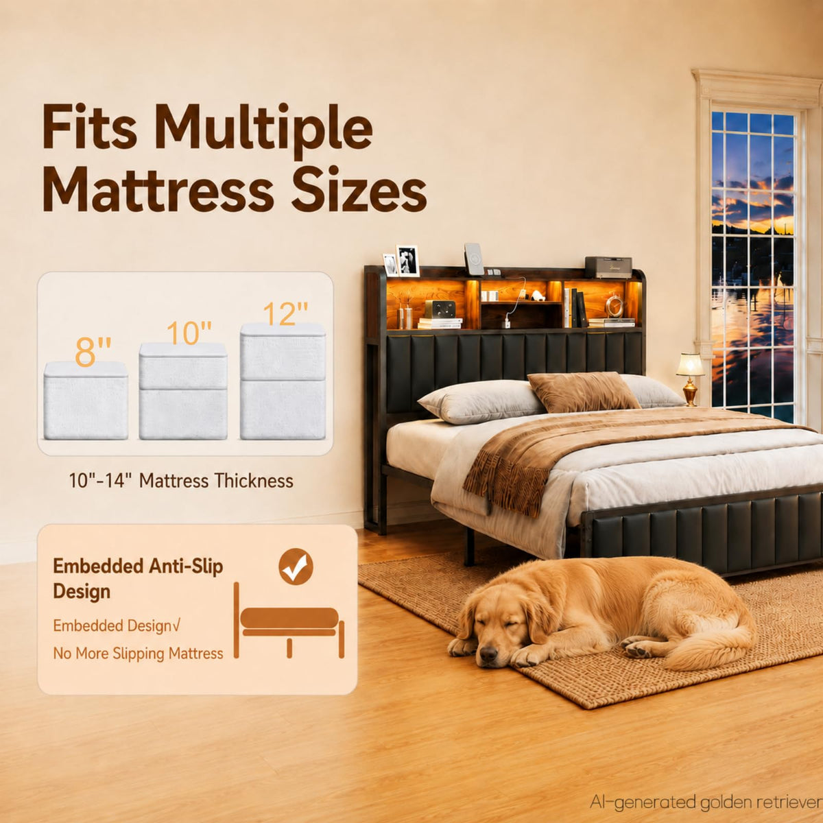 Black Full Size Bed Frame with Storage Headboard O518