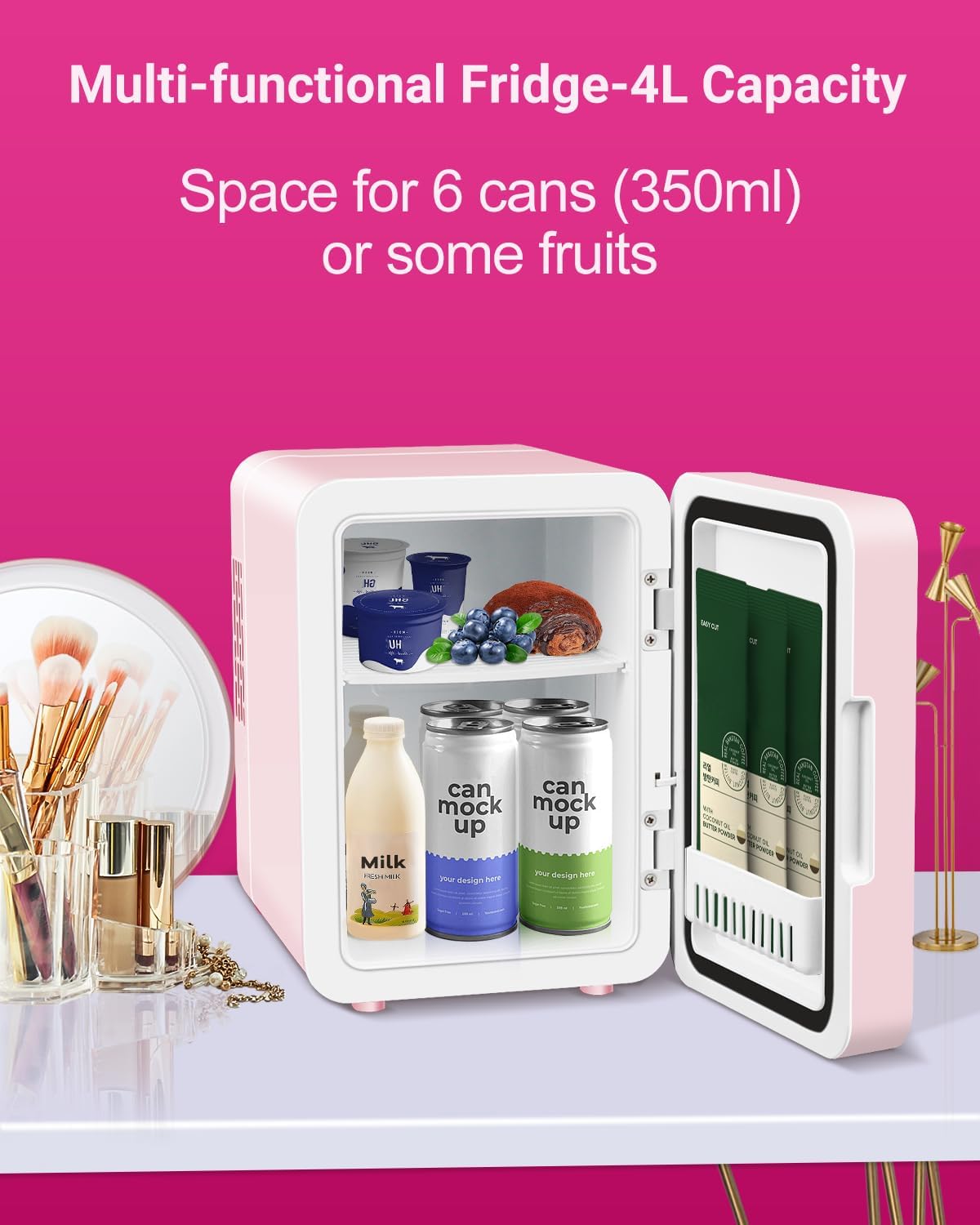 4-Liter Pink Portable Mini Fridge with Mirrored Door Y671