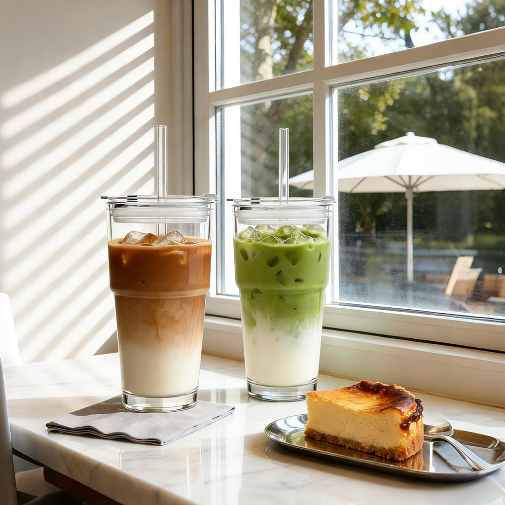 20 oz Iced Coffee Cups with Lids and Straw, Set of 4 Glass Tumbler P483596