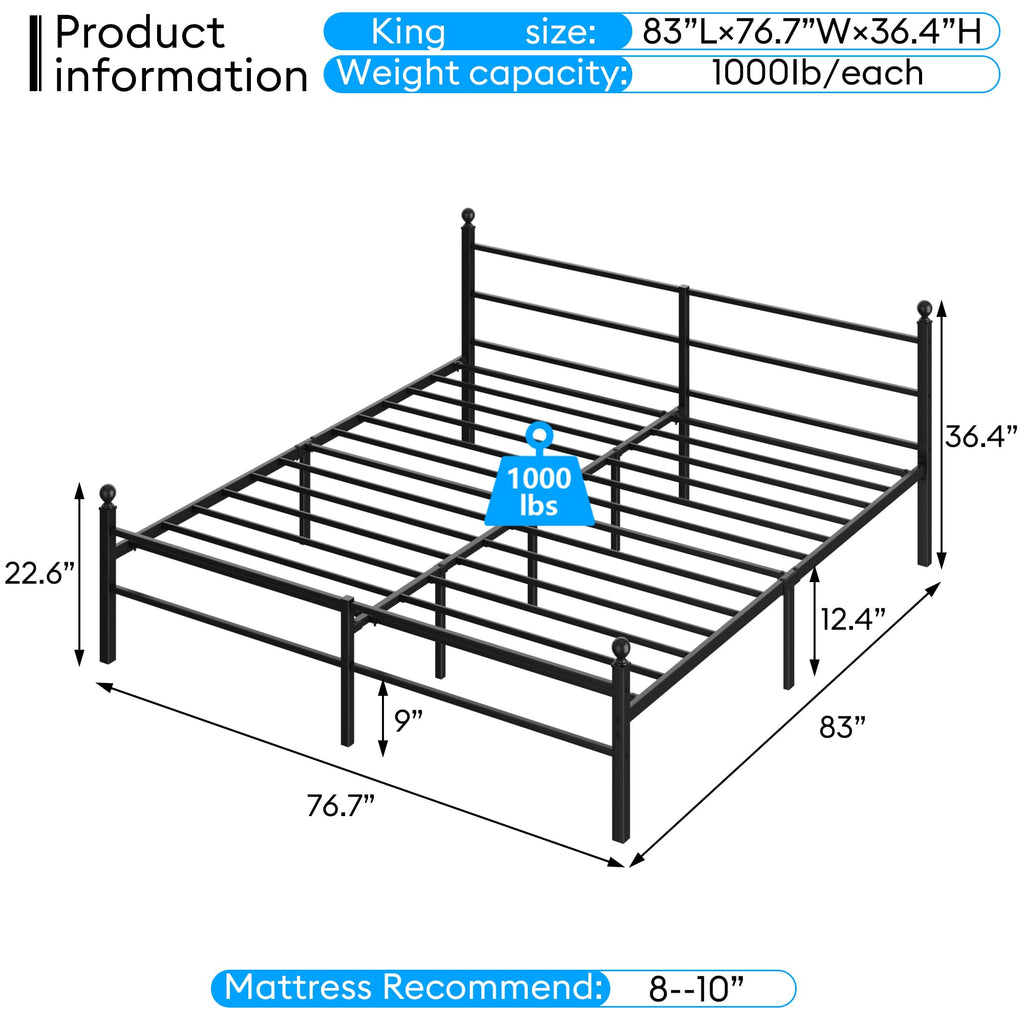 Black King Size Metal Platform Bed Frame with Headboard P392
