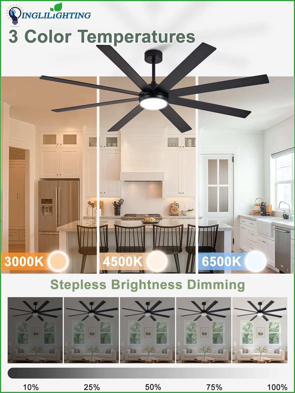 Black 72in Ceiling Fan with Lights J555