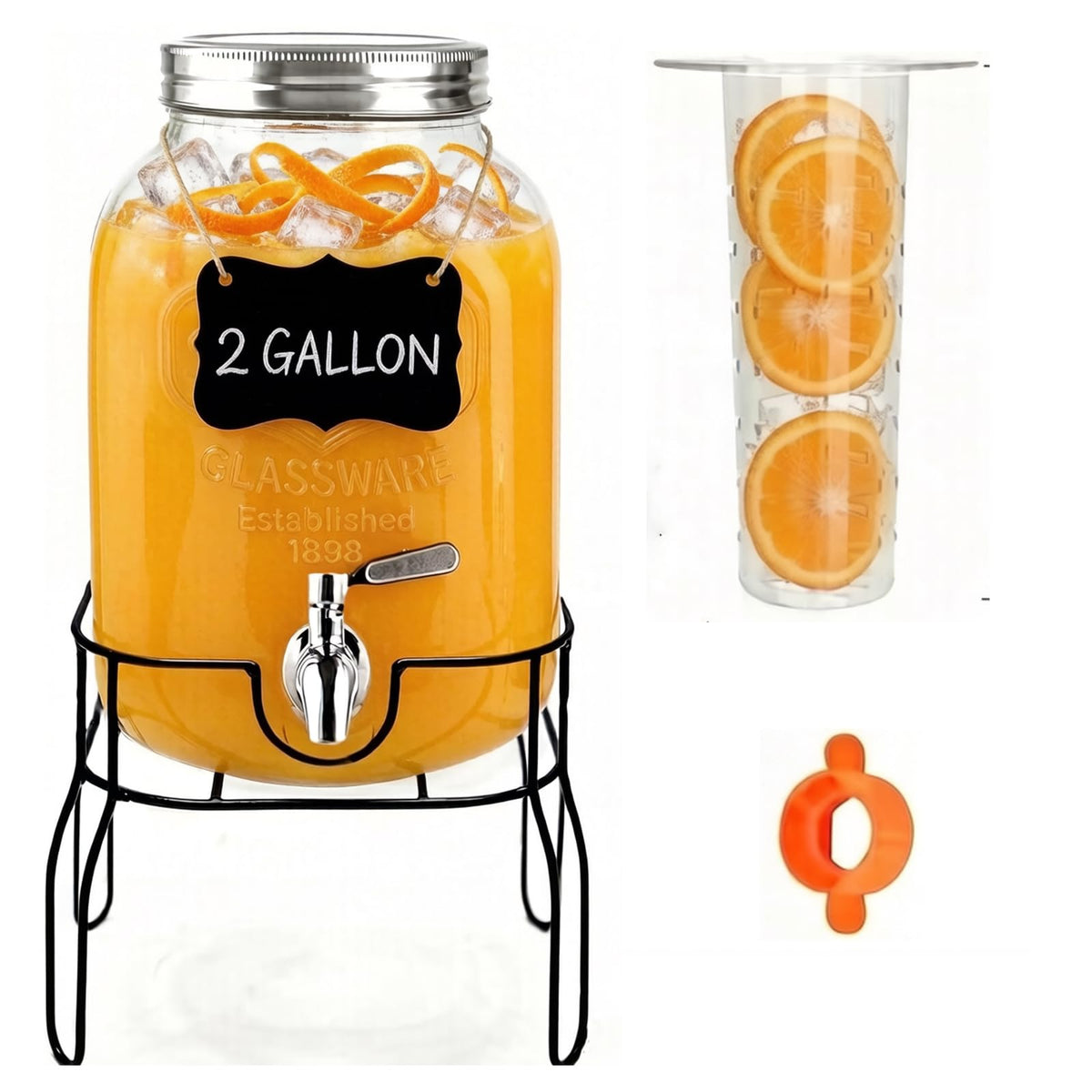 2 Gallon Glass Beverage Dispenser with Stand, Lid & Ice Core I875