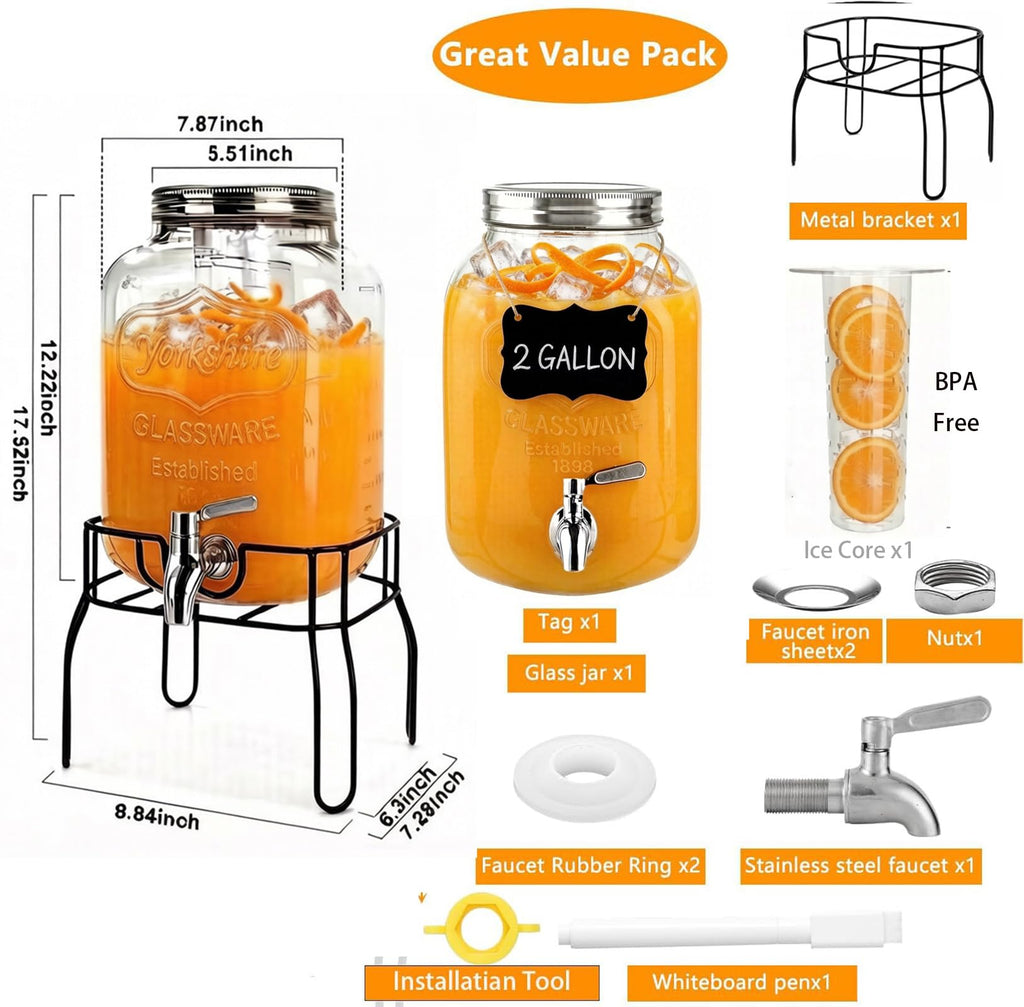 2 Gallon Glass Beverage Dispenser with Stand, Lid & Ice Core I875