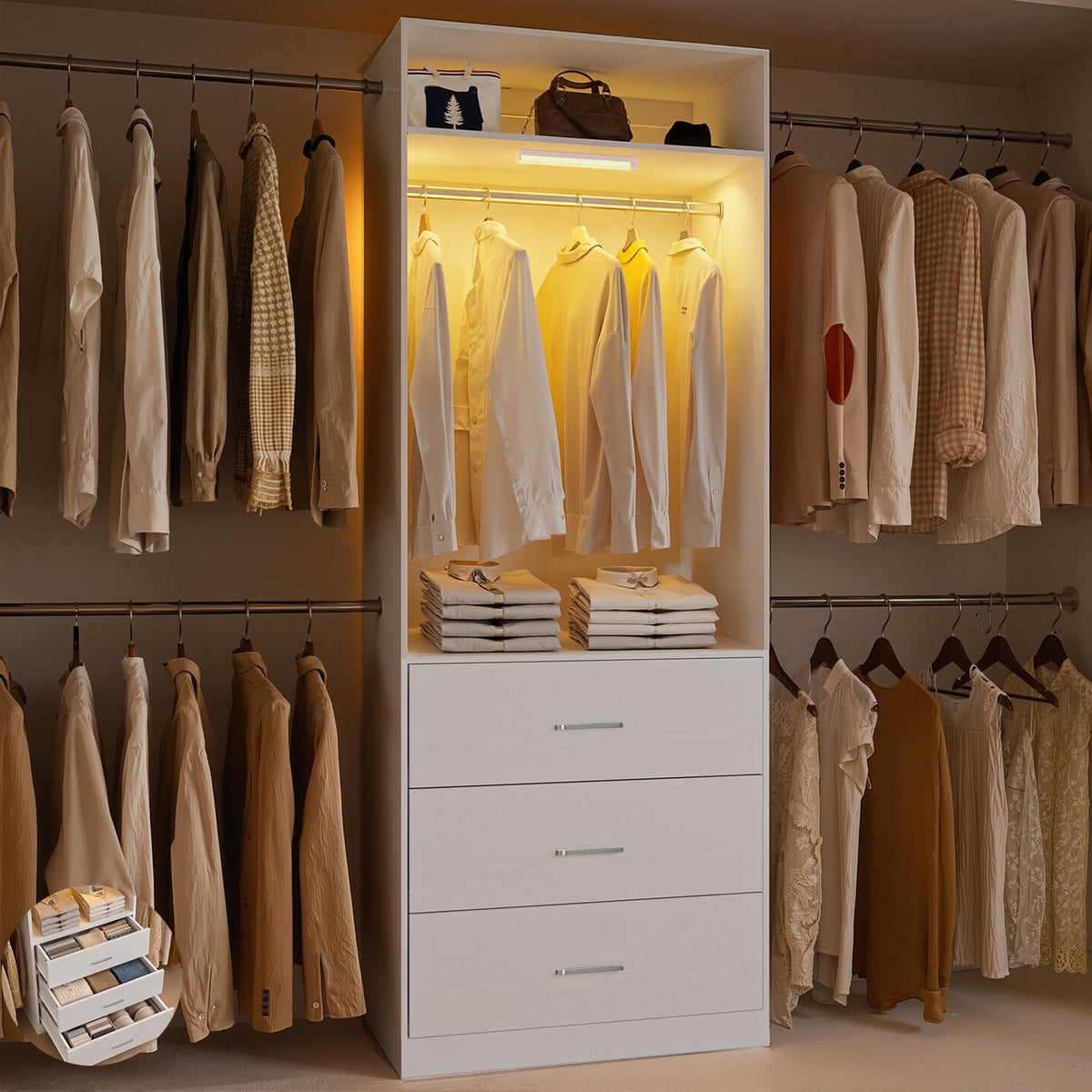 Wooden 11FT Closet Organizer with 3 Drawers and 4 Hanging Rods White Z9653