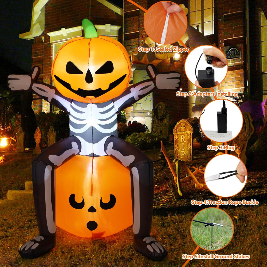 5FT Skull Skeleton Pumpkin Head Inflatable with Built-in LEDs I6980