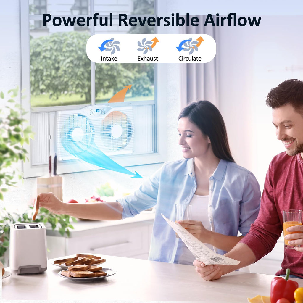 Twin Window Fan with 9-Inch Blades, 3 Speeds, Thermostat Control U9389