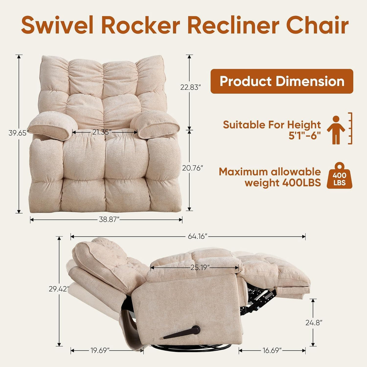 Oversized Swivel Rocker Recliner Chair B554