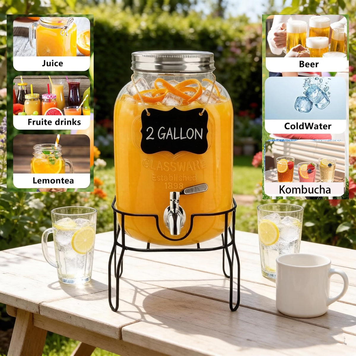 2 Gallon Glass Beverage Dispenser with Stand, Lid & Ice Core I875