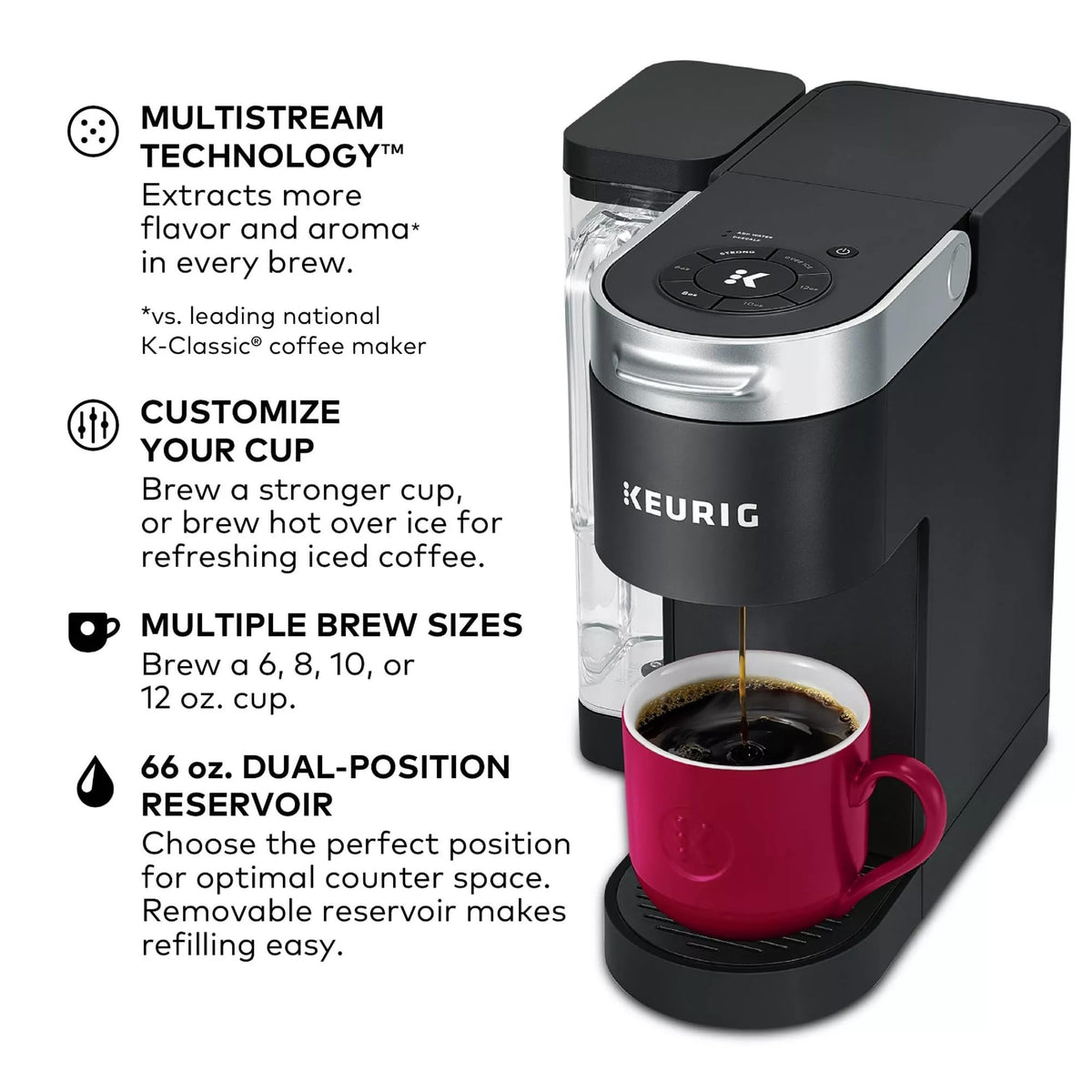 Single Serve K-Cup Pod Coffee Maker, 4 Brew Sizes, 66oz Removable Reservoir, Black V18613